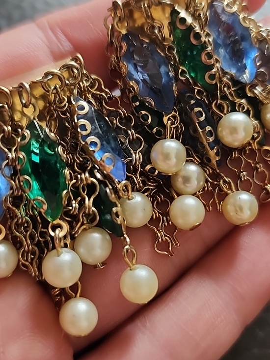 Jewelry - VTG Gold-Tone Pearl Clip Earrings with Blue and Green Crystal Accents